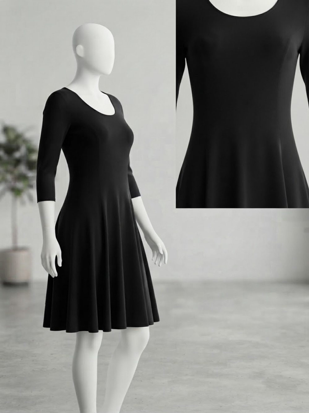 Black Scoop-Neck Midi Dress with Three-Quarter Sleeves